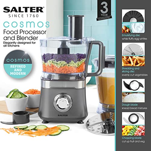 Salter EK5115GUNMETAL Cosmos Food Processor & Blender, Slicing And Shredding Blades, Dough Blade, Chopping, Emulsifying, 2 Speeds And Pulse, Multifunction, 1.4 L Jug, 1.5 L Bowl, 800 W, Grey