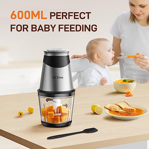 DR.ZERO Food Processors with 2 Bowls, Mini Chopper Electric Food Chopper 4 Bi-Level Blades, 2 Speed, 1.2l and 0.6l, Meat Mincer 500W for Baby Food, Meat, Onion, Vegetables, Nut