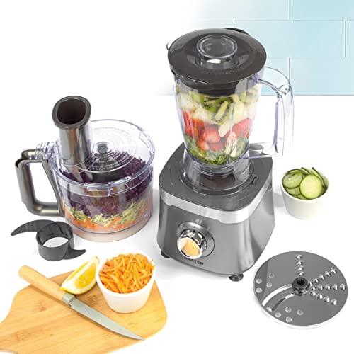 Salter EK5115GUNMETAL Cosmos Food Processor & Blender, Slicing And Shredding Blades, Dough Blade, Chopping, Emulsifying, 2 Speeds And Pulse, Multifunction, 1.4 L Jug, 1.5 L Bowl, 800 W, Grey