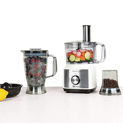 SQ Professional MegaRange - MegaProcess Food Processor 750w - 2.0L Mixing Bowl, 1.8L Blending Jug, Grinding Mill (White-Black)