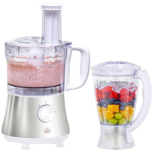 HOMCOM Food Processor with 1L Bowl, 1.5L Blender, Knife Blades, Reversible Slicing and Grating Discs, Adjustable Speed and Pulse, 500W