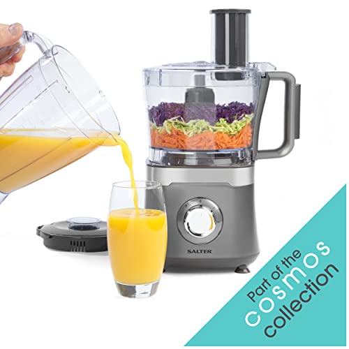 Salter EK5115GUNMETAL Cosmos Food Processor & Blender, Slicing And Shredding Blades, Dough Blade, Chopping, Emulsifying, 2 Speeds And Pulse, Multifunction, 1.4 L Jug, 1.5 L Bowl, 800 W, Grey