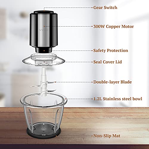 Food Processor, Vinoil Food Chopper for Vegetables,Meat,Fruits and Nuts,4 Durable Stainless-Steel Blades Food Capacity with 1200ml Blender Bowl, Black，Kitchen Tools，Baby Food Blender