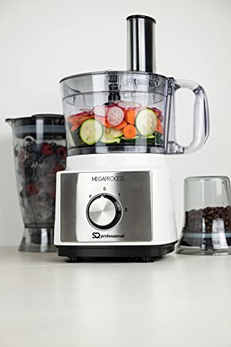 SQ Professional MegaRange - MegaProcess Food Processor 750w - 2.0L Mixing Bowl, 1.8L Blending Jug, Grinding Mill (White-Black)