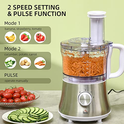 HOMCOM Food Processor with 1L Bowl, 1.5L Blender, Knife Blades, Reversible Slicing and Grating Discs, Adjustable Speed and Pulse, 500W