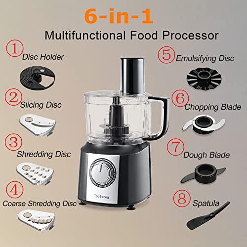 Food Processor, TopStrong 6-in-1 Food Processor and Blender with Chopping Slicing Shredding Kneading Stirring, 800W, 2 Speeds with Pulse, 2L Mixing Bowl, 3-in-1 Cutting Disc