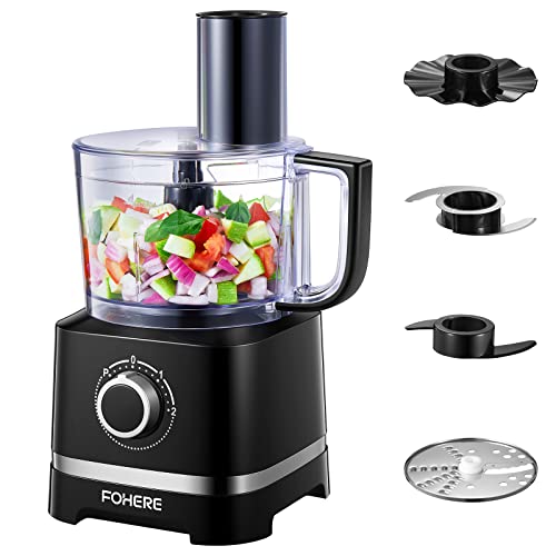 FOHERE Food Processor, 700W Compact Food Mixer with 4 Attachments for Chopping, Slicing, Shredding, Kneading Dough and Emulsifying, 12 Cup Bowl, 2 Speed Setting & Pulse, Glossy Black