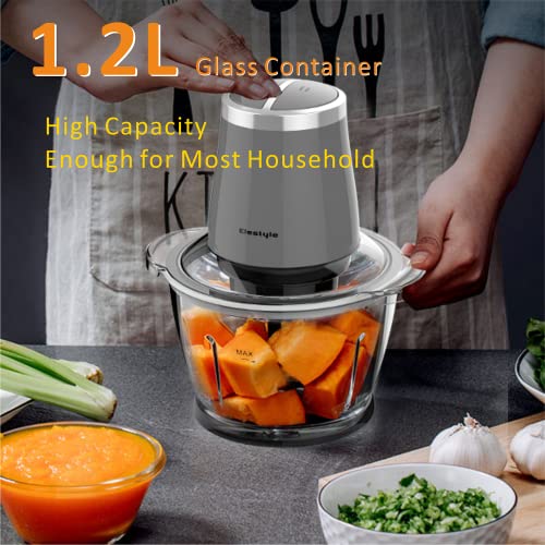 ELESTYLE 500W Food Chopper, Vegetable Chopper Electric, 4 Blades, Meat Grinder, 2 Speed Chopper with Non-Slip Base, 1.2L Capacity Glass Bowl, Food Processor Suitable for Meat, Vegetable, Fruit