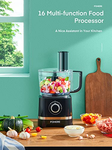 FOHERE Food Processor, 700W Compact Food Mixer with 4 Attachments for Chopping, Slicing, Shredding, Kneading Dough and Emulsifying, 12 Cup Bowl, 2 Speed Setting & Pulse, Glossy Black
