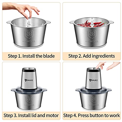 Mini Chopper Electric Food Processor with 2 Litre Stainless Steel Bowl, 2 Speeds, 4 Bi-Level Blades,500W, Silver