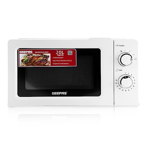 Geepas 700 W Solo Manual Microwave – 20L Solo Microwave Oven with 5 Power Levels - Reheating, Defrost Function & 30 Minute Timer - 2 Rotary Dials, Easy Clean - Oven for Standard Size of Dinner Plate