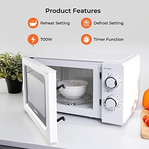 Geepas 700 W Solo Manual Microwave – 20L Solo Microwave Oven with 5 Power Levels - Reheating, Defrost Function & 30 Minute Timer - 2 Rotary Dials, Easy Clean - Oven for Standard Size of Dinner Plate