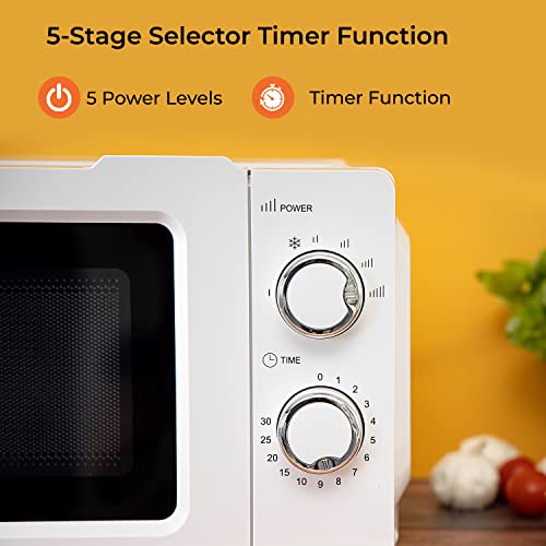 Geepas 700 W Solo Manual Microwave – 20L Solo Microwave Oven with 5 Power Levels - Reheating, Defrost Function & 30 Minute Timer - 2 Rotary Dials, Easy Clean - Oven for Standard Size of Dinner Plate