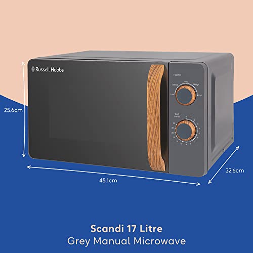 Russell Hobbs RHMM713G 17 L 700 W Scandi Compact Grey Manual Microwave with 5 Power Levels, Wood Effect Handle & Dials, Timer, Defrost Setting, Easy Clean