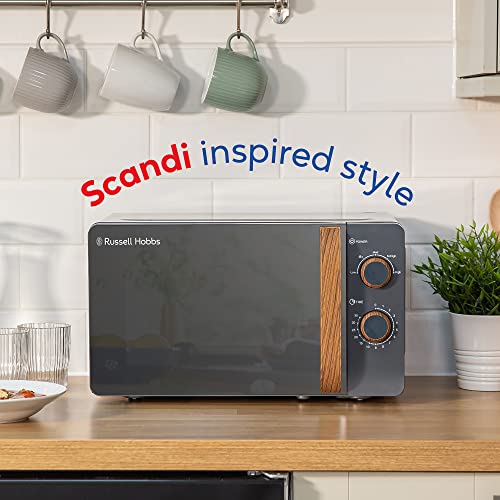 Russell Hobbs RHMM713G 17 L 700 W Scandi Compact Grey Manual Microwave with 5 Power Levels, Wood Effect Handle & Dials, Timer, Defrost Setting, Easy Clean