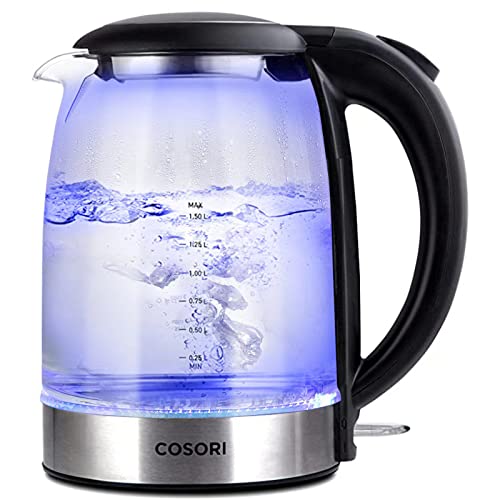 COSORI Electric Kettle Glass, Fast Boil Quiet, 3000W 1.5L with Blue LED, Stainless Steel Filter, Boil-Dry Protection, Black, BPA Free