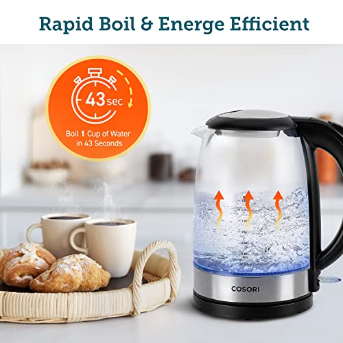 COSORI Electric Kettle Glass, Fast Boil Quiet, 3000W 1.5L with Blue LED, Stainless Steel Filter, Boil-Dry Protection, Black, BPA Free