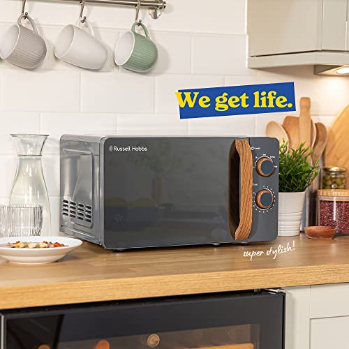 Russell Hobbs RHMM713G 17 L 700 W Scandi Compact Grey Manual Microwave with 5 Power Levels, Wood Effect Handle & Dials, Timer, Defrost Setting, Easy Clean