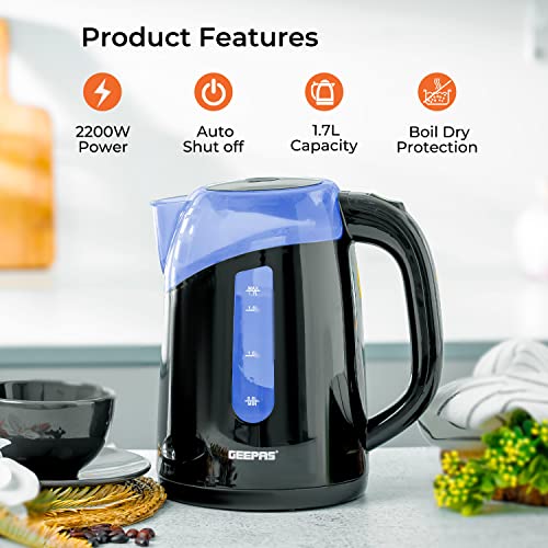 Geepas 2200W Illuminating Electric Kettle | Boil Dry Protection & Auto Shut Off | 1.7L Cordless Jug Kettle with LED Lighting for Hot Water Tea or Coffee | Swivel Base with Auto Lid Open