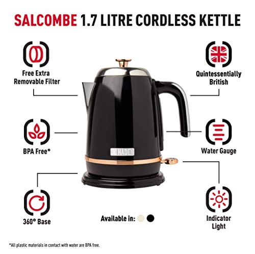 Haden Salcombe Black Kettle - Energy Efficient Electric Kettle - 3000W Fast Boil Kettle - Boil Dry Protection - 1.7 Litre Capacity - 360° Cordless Kettle - Painted Stainless Steel Kettle