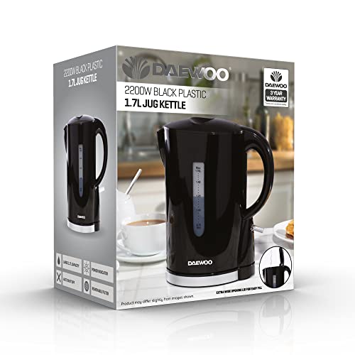 Daewoo Plastic Chrome Kettle, 1.7 Litres, Fast Boil, Lightweight, Easy Clean - Black