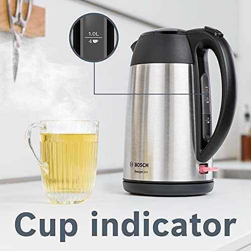 Bosch DesignLine TWK3P420GB Stainless Steel Cordless Kettle, 1.7 Litres, 3000W - Silver & Black