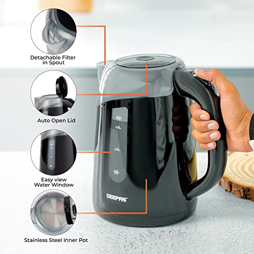 Geepas 2200W Illuminating Electric Kettle | Boil Dry Protection & Auto Shut Off | 1.7L Cordless Jug Kettle with LED Lighting for Hot Water Tea or Coffee | Swivel Base with Auto Lid Open