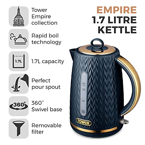 Tower T10052MNB Empire 1.7 Litre Kettle with Rapid Boil, Removable Filter, 3000 W, Midnight Blue with Brass Accents