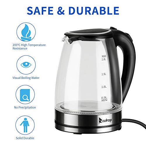 Bonnlo Multi-Use Electric Glass Kettle, 1.8L 2200W Electric Kettle Rapid Boiler Hot Water Kettle w/Automatic Shut Off, Boil Dry Protection & LED Lighting for Soup, Tea, Coffee and More