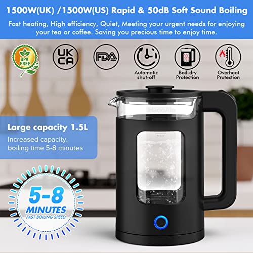 Electric Kettle, Easy to clean Limescale Inner liner Hot Water Boiler ，1.5L Glass Tea Kettle with Blue LED,Quick Boiling BPA-Free,Borosilicate Shell, Auto Shut-Off and Boil-Dry Protection