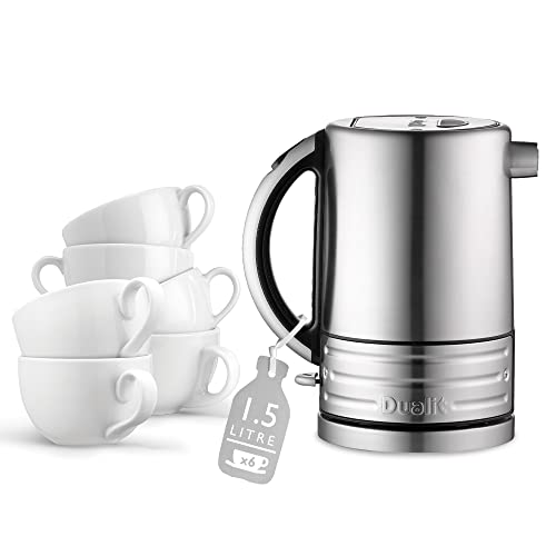 Dualit Architect Kettle | 1.5 L 2.3 KW Stainless Steel | Rapid Boil and Patented Pure Pour Non-Drip Spout | Measuring Window with Cup Level Indicators | 72905, Black Trim Brushed Body