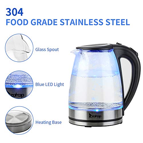 Bonnlo Multi-Use Electric Glass Kettle, 1.8L 2200W Electric Kettle Rapid Boiler Hot Water Kettle w/Automatic Shut Off, Boil Dry Protection & LED Lighting for Soup, Tea, Coffee and More
