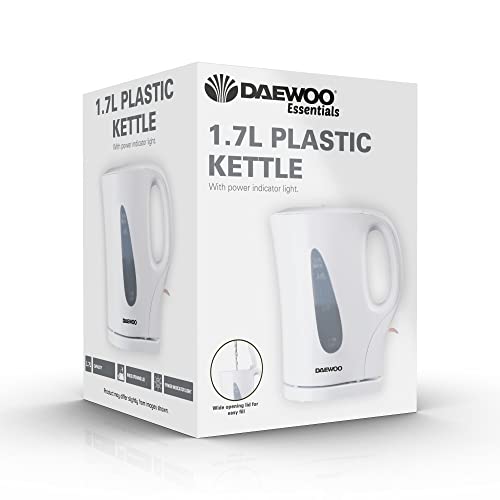 Daewoo Plastic Kettle White, 1.7 Litre Capacity, Roughly Fill 7 Cups, Family Size, With Visible Water Window For Easy Monitoring, Led Light Indicator, Lightweight, Clean, Simple Design