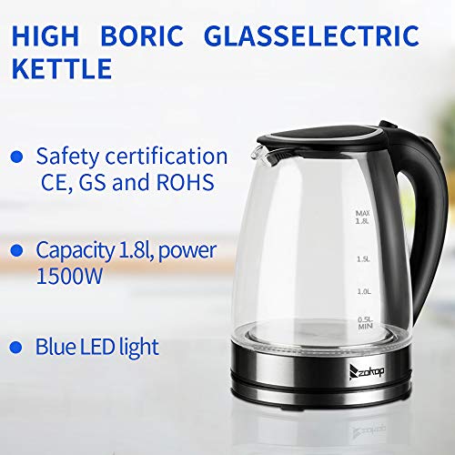 Bonnlo Multi-Use Electric Glass Kettle, 1.8L 2200W Electric Kettle Rapid Boiler Hot Water Kettle w/Automatic Shut Off, Boil Dry Protection & LED Lighting for Soup, Tea, Coffee and More