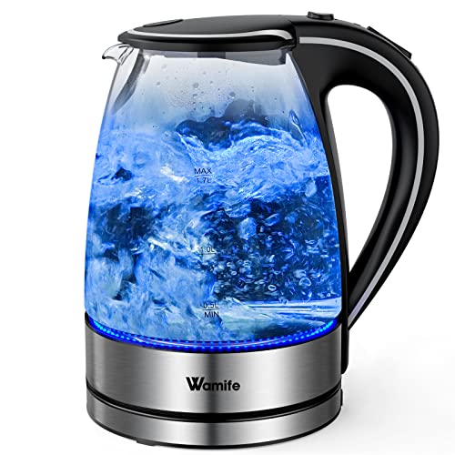 Wamife Electric Kettle Glass Kettle 1.7L Fast Quiet Boil, 2200W Electric Tea Kettle with Filter, Electric Hot Water Kettle, Illuminated Kettle with Blue Light, Auto Shut Off & Boil Dry Protection