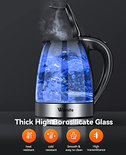 Wamife Electric Kettle Glass Kettle 1.7L Fast Quiet Boil, 2200W Electric Tea Kettle with Filter, Electric Hot Water Kettle, Illuminated Kettle with Blue Light, Auto Shut Off & Boil Dry Protection