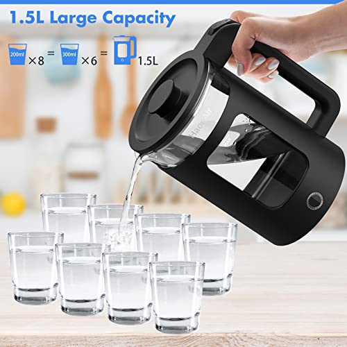 Electric Kettle, Easy to clean Limescale Inner liner Hot Water Boiler ，1.5L Glass Tea Kettle with Blue LED,Quick Boiling BPA-Free,Borosilicate Shell, Auto Shut-Off and Boil-Dry Protection