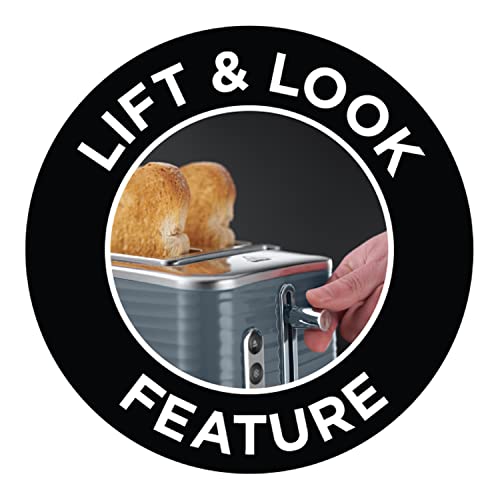 Russell Hobbs 24373 Grey Inspire 2 Slice Toaster, Wide Slot with Frozen, Cancel and Reheat Settings, High Gloss Chrome Accents, 1050 W