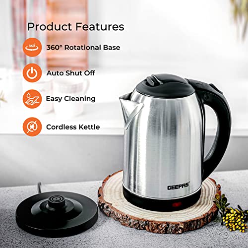 Geepas Electric Kettle, 1500W | Stainless Steel Cordless Kettle | Boil Dry Protection & Auto Shut Off | 1.8L Jug Kettle for Hot Water Tea or Coffee | Swivel Base with Auto Lid Open, Light Indicator