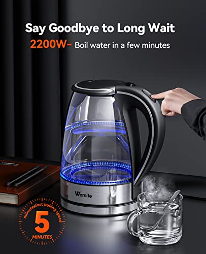 Wamife Electric Kettle Glass Kettle 1.7L Fast Quiet Boil, 2200W Electric Tea Kettle with Filter, Electric Hot Water Kettle, Illuminated Kettle with Blue Light, Auto Shut Off & Boil Dry Protection