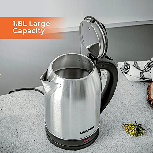 Geepas Electric Kettle, 1500W | Stainless Steel Cordless Kettle | Boil Dry Protection & Auto Shut Off | 1.8L Jug Kettle for Hot Water Tea or Coffee | Swivel Base with Auto Lid Open, Light Indicator