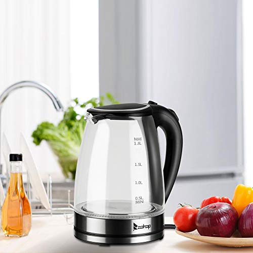 Bonnlo Multi-Use Electric Glass Kettle, 1.8L 2200W Electric Kettle Rapid Boiler Hot Water Kettle w/Automatic Shut Off, Boil Dry Protection & LED Lighting for Soup, Tea, Coffee and More