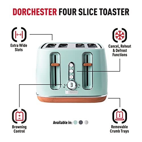 Haden Dorchester 4 Slice Sage Toaster – Modern LCD Display Digital 4 Slice Toaster - 6 Browning Levels - With Wood Effect Finish - Cancel/Defrost/Reheat - 1900-2300W