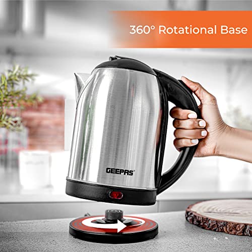 Geepas Electric Kettle, 1500W | Stainless Steel Cordless Kettle | Boil Dry Protection & Auto Shut Off | 1.8L Jug Kettle for Hot Water Tea or Coffee | Swivel Base with Auto Lid Open, Light Indicator