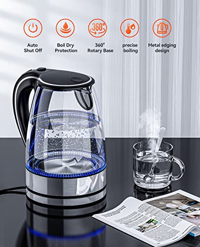 Wamife Electric Kettle Glass Kettle 1.7L Fast Quiet Boil, 2200W Electric Tea Kettle with Filter, Electric Hot Water Kettle, Illuminated Kettle with Blue Light, Auto Shut Off & Boil Dry Protection