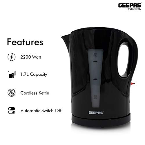Geepas Electric Kettle, 2200W | Boil Dry Protection & Auto Shut Off | 1.7L Cordless Fast Boil Jug Kettle for Hot Water Tea or Coffee | Swivel Base with Manual Lid Open | 2 Year Warranty