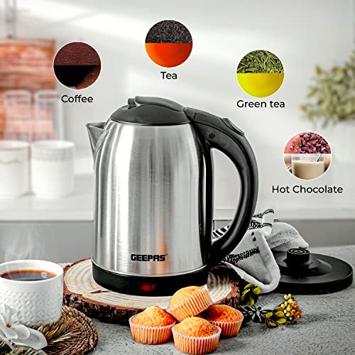Geepas Electric Kettle, 1500W | Stainless Steel Cordless Kettle | Boil Dry Protection & Auto Shut Off | 1.8L Jug Kettle for Hot Water Tea or Coffee | Swivel Base with Auto Lid Open, Light Indicator