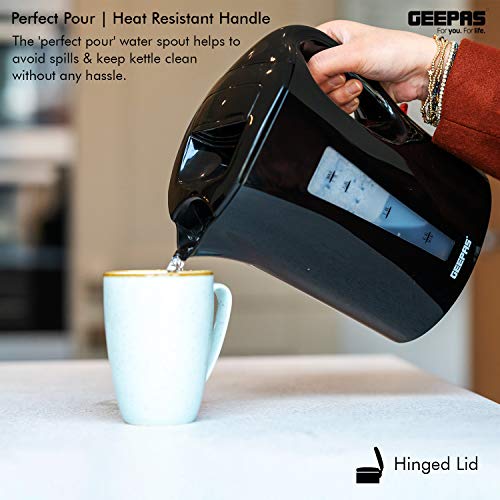 Geepas Electric Kettle, 2200W | Boil Dry Protection & Auto Shut Off | 1.7L Cordless Fast Boil Jug Kettle for Hot Water Tea or Coffee | Swivel Base with Manual Lid Open | 2 Year Warranty