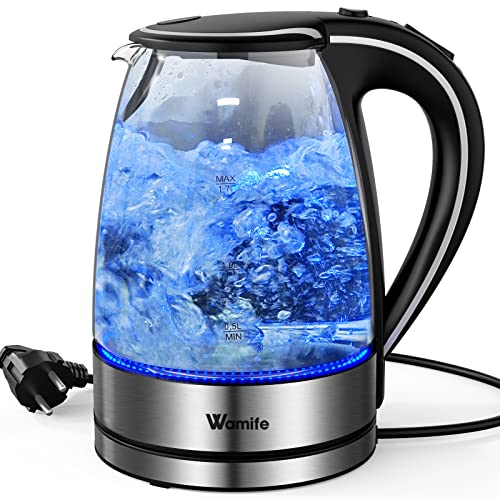 Wamife Electric Kettle Glass Kettle 1.7L Fast Quiet Boil, 2200W Electric Tea Kettle with Filter, Electric Hot Water Kettle, Illuminated Kettle with Blue Light, Auto Shut Off & Boil Dry Protection