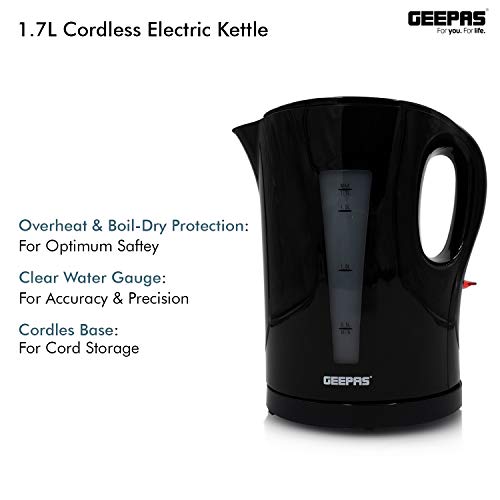 Geepas Electric Kettle, 2200W | Boil Dry Protection & Auto Shut Off | 1.7L Cordless Fast Boil Jug Kettle for Hot Water Tea or Coffee | Swivel Base with Manual Lid Open | 2 Year Warranty